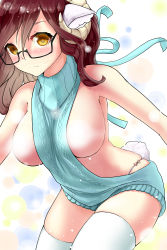 Rule 34 | 1girl, absurdres, animal ears, aran sweater, backless dress, backless outfit, bare shoulders, between breasts, bikini, bikini bottom only, black-framed eyewear, blue bikini, blue dress, blue sweater, blush, breasts, brown hair, cable knit, censored, censored nipples, closed mouth, clothes between breasts, cowboy shot, davvworlds, drawstring, dress, glasses, hair between eyes, halterneck, highres, horns, large breasts, long hair, looking at viewer, looking over eyewear, meme attire, monster girl, naked sweater, no bra, original, ribbed sweater, semi-rimless eyewear, sheep ears, sheep girl, sheep horns, sheep tail, sleeveless, sleeveless turtleneck, solo, string bikini, sweater, sweater dress, swimsuit, tail, thighhighs, turtleneck, turtleneck sweater, under-rim eyewear, virgin killer sweater, white thighhighs, yellow eyes