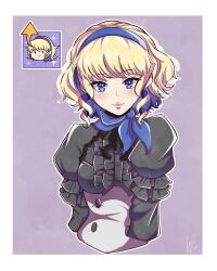 Rule 34 | 1girl, arrow (symbol), bandana, blonde hair, blue eyes, blue hairband, chibi, commentary request, constance von nuvelle, drill hair, drill sidelocks, fire emblem, fire emblem: three houses, grey shirt, hairband, highres, looking at viewer, nintendo, shirt, short hair, sidelocks, smile, smkittykat, upper body