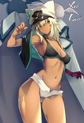Rule 34 | 10mo, 1girl, armpits, bandages, bare shoulders, black bra, bra, breasts, cape, cleavage, clover, covered erect nipples, dark-skinned female, dark skin, english text, four-leaf clover, grey background, guilty gear, guilty gear strive, guilty gear xrd, hair between eyes, hat, head tilt, highres, long hair, looking at viewer, midriff, navel, platinum blonde hair, ramlethal valentine, short shorts, shorts, small breasts, solo, stomach, thighs, underwear, white cape, yellow eyes
