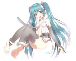Rule 34 | 1girl, :d, anklet, aqua eyes, aqua hair, bad feet, barefoot, blush, bottomless, breasts, artistic error, feet, full body, hatsune miku, hatsune miku (append), jewelry, long hair, looking at viewer, open mouth, simple background, smile, soles, solo, toes, very long hair, vocaloid, vocaloid append, white background, yuukyuu ponzu