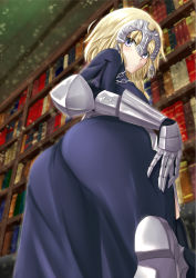 Rule 34 | 1girl, akashiro sen, armor, ass, blonde hair, blue eyes, book, bookshelf, fate/apocrypha, fate (series), faulds, gauntlets, headpiece, highres, jeanne d&#039;arc (fate), jeanne d&#039;arc (ruler) (fate), long hair, looking at viewer, looking down, signature, solo