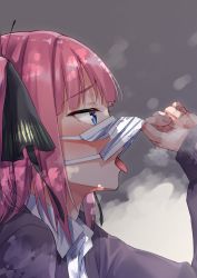 Rule 34 | 1girl, absurdres, blue eyes, blush, commentary request, go-toubun no hanayome, highres, imminent fellatio, jacket, kouzuki (majc8345), long sleeves, looking at another, mask, mouth mask, nail polish, nakano nino, open mouth, oral invitation, pink hair, pink nails, shirt, short hair, solo, surgical mask, tongue, tongue out, two side up
