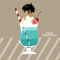 Rule 34 | 1boy, :&gt;, :q, ahoge, black hair, cherry, chibi, cup, dark-skinned male, dark skin, drinking glass, drinking straw, english text, flower, food, fruit, grey eyes, head rest, highres, ice cream, ice cream float, kaorin minogue, male focus, mini person, miniboy, phichit chulanont, tongue, tongue out, yuri!!! on ice
