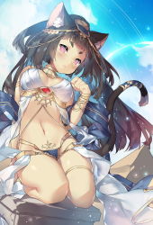 Rule 34 | 1girl, :3, :p, animal ears, arm at side, armlet, bare shoulders, black hair, blue sky, bracelet, breasts, bright pupils, cat ears, cat tail, cloud, cloudy sky, dark-skinned female, dark skin, day, dutch angle, egyptian clothes, hair ornament, jewelry, long hair, medium breasts, midriff, navel, one side up, original, outdoors, paw pose, pink eyes, pyramid (structure), revealing clothes, saru, seiza, sitting, sky, slit pupils, solo, tail, tail ornament, thighlet, tongue, tongue out