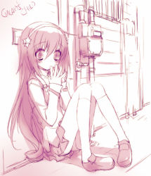 Rule 34 | 1girl, against wall, blush, building, full body, gota nao, gotou nao, hair between eyes, loafers, long hair, looking at viewer, monochrome, original, pigeon-toed, pink theme, shoes, sitting, skirt, solo