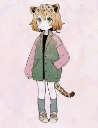 Rule 34 | 1girl, :&lt;, animal ears, arm at side, ayu (mog), brown footwear, character request, closed mouth, full body, green eyes, green jacket, grey legwear, hand in pocket, jacket, kemono friends, leg warmers, long sleeves, looking at viewer, pigeon-toed, pink background, raglan sleeves, shoes, sleeves past wrists, solo, standing, tail