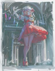 Rule 34 | 1girl, absurdres, alcxome, ascot, blonde hair, crystal, flandre scarlet, frilled skirt, frills, full body, hand on own chest, hand up, hat, hat ribbon, highres, legs, looking at viewer, medium hair, mob cap, open mouth, puffy short sleeves, puffy sleeves, red eyes, red footwear, red ribbon, red skirt, red vest, ribbon, shirt, shoes, short sleeves, sketch, skirt, solo, touhou, vest, white hat, white shirt, wings, yellow ascot