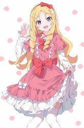 Rule 34 | 1girl, :d, blonde hair, blush, bow, commentary request, dress, eromanga sensei, feet out of frame, frilled dress, frills, grey background, hair bow, hairband, hand up, highres, knees together feet apart, layered sleeves, long hair, long sleeves, looking at viewer, open mouth, parted bangs, pink dress, pointy ears, red bow, red eyes, red hairband, ringlets, short over long sleeves, short sleeves, simple background, skirt hold, sleeves past wrists, smile, solo, tantan men (dragon), thighhighs, very long hair, white bow, white thighhighs, yamada elf