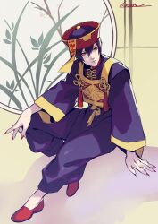 Rule 34 | 1boy, absurdres, baggy pants, black hair, chinese clothes, commentary request, expressionless, fingernails, full body, hat, highres, kotatsu (g-rough), long fingernails, male focus, ofuda, orange eyes, original, pants, purple pants, qingdai guanmao, red nails, signature, solo, wide sleeves
