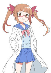 Rule 34 | 1girl, absurdres, blue sailor collar, blue shirt, blue skirt, blunt bangs, bow, bowtie, breasts, brown eyes, brown hair, coat, collarbone, cowboy shot, dot nose, gazacy (dai), glasses, grin, hair bow, hair ribbon, hands in pockets, highres, idolmaster, idolmaster cinderella girls, idolmaster cinderella girls starlight stage, ikebukuro akiha, lab coat, long hair, long sleeves, looking at viewer, open clothes, open coat, pink-framed eyewear, pink bow, pink bowtie, pleated skirt, red ribbon, ribbon, sailor collar, school uniform, semi-rimless eyewear, serafuku, shirt, simple background, skirt, small breasts, smile, solo, standing, twintails, under-rim eyewear, v-shaped eyebrows, white background