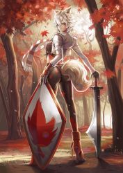 Rule 34 | 1girl, alternate costume, animal ears, ass, boots, dantewontdie, forest, grey eyes, highres, inubashiri momiji, nature, pants, shield, short hair, solo, sword, tail, tight clothes, tight pants, touhou, tree, weapon, wedgie, white hair, wolf ears, wolf tail