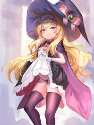 Rule 34 | 1girl, bandaid, black panties, black thighhighs, blonde hair, blush, bow, brooch, cape, clothes lift, fuyouchu, gloves, hair between eyes, hat, hat bow, jewelry, lifted by self, little witch nobeta, long hair, looking at viewer, nobeta, panties, purple cape, red eyes, skindentation, skirt, skirt lift, sleeveless, smile, solo, string panties, thighhighs, underwear, very long hair, white gloves, witch hat