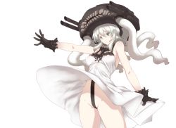 Rule 34 | 1girl, abyssal ship, bare arms, bare shoulders, bdsm, black gloves, breasts, cameltoe, cannon, clothes lift, collar, cowboy shot, dress, dress lift, frilled dress, frills, gloves, groin, harness, headgear, kantai collection, large breasts, nakadori (movgnsk), parted lips, short hair, silver hair, simple background, slave, solo, teeth, tentacles, thighs, underwear, white background, white dress, wo-class aircraft carrier