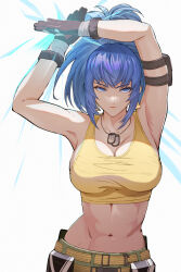 Rule 34 | 1girl, armlet, armpits, arms up, bare shoulders, belt, blue eyes, blue sky, breasts, closed mouth, dog tags, gloves, highres, large breasts, leona heidern, midriff, navel, pocket, shan laotou, simple background, sky, sleeveless, solo, tank top, the king of fighters, the king of fighters xv, white background, yellow tank top