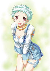 Rule 34 | 00s, 1girl, blush, breasts, buckle, cleavage, collar, dress, eureka (eureka seven), eureka seven, eureka seven (series), green hair, large breasts, leaning forward, looking at viewer, miniskirt, red eyes, shiruko, short dress, short hair, skirt, smile, solo, thigh strap, v arms, veins