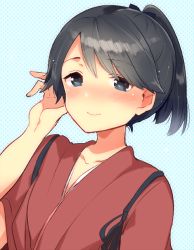 Rule 34 | 10s, 1girl, alternate hair length, alternate hairstyle, bad id, bad twitter id, black eyes, black hair, blue background, blush, collarbone, commentary request, hakama, hakama skirt, hand in own hair, houshou (kancolle), ichihaya, inactive account, japanese clothes, kantai collection, looking at viewer, ponytail, short hair, simple background, skirt, solo, tasuki