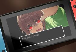 Rule 34 | 1other, against fourth wall, against glass, deltarune, english text, facing viewer, fourth wall, game console, hair between eyes, hand on glass, hp nokoketaetouyona, kris (deltarune), looking at viewer, nintendo switch, open mouth, reaching, reaching towards viewer, red eyes, screen, short hair