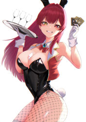Rule 34 | 1girl, absurdres, alternate costume, animal ears, between breasts, black leotard, bow, bowtie, breasts, brooch, card, covered navel, cropped vest, cup, detached collar, drinking glass, fake animal ears, female focus, fishnet pantyhose, fishnets, gloves, grin, hands up, heterochromia, highleg, highleg leotard, highres, holding, holding card, holding tray, hololive, houshou marine, jewelry, large breasts, leotard, long hair, looking at viewer, pantyhose, playboy bunny, playing card, rabbit tail, red bow, red bowtie, red eyes, red hair, shooot108, side-tie leotard, simple background, smile, solo, straight hair, tail, thighs, tray, vest, virtual youtuber, white background, white gloves, wine glass, wrist cuffs, yellow eyes