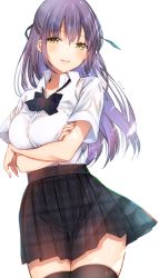 Rule 34 | 1girl, black neckwear, black skirt, black thighhighs, breasts, collared shirt, commentary request, cowboy shot, crossed arms, hair ornament, hair ribbon, hairclip, highres, large breasts, long hair, looking at viewer, original, parted lips, plaid, plaid skirt, pleated skirt, purple hair, ribbon, school uniform, shirt, sidelocks, signature, simple background, skirt, smile, solo, standing, thighhighs, white background, white shirt, yellow eyes, yu yu, zettai ryouiki