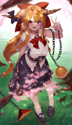 Rule 34 | 1girl, absurdres, arm up, blue ribbon, blue skirt, blush, bow, bowtie, breasts, chain, cherry blossoms, commentary request, cube, cuffs, eyelashes, fang, fangs, frilled cuffs, full body, gourd, hair ribbon, highres, holding, holding gourd, horn bow, horn ornament, horn ribbon, horns, ibuki suika, layered skirt, littolebusters, long hair, looking at viewer, low-tied long hair, medium breasts, open mouth, orange hair, orb, purple bow, purple skirt, red bow, red bowtie, red ribbon, ribbon, shackles, shirt, skin fang, skirt, sleeveless, sleeveless shirt, slit pupils, smile, solo, sparkle, standing, touhou
