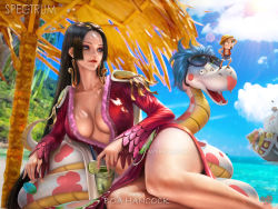 Rule 34 | ass, beach, black hair, blue eyes, boa hancock, breasts, cleavage, cleavage cutout, clothing cutout, cloud, curvy, day, dress, earrings, jewelry, large breasts, legs together, lips, long hair, looking to the side, lying, midriff, mini person, miniboy, monkey d. luffy, no bra, on side, one piece, outdoors, parted bangs, plunging neckline, red dress, red lips, salome (one piece), sky, snake, thick thighs, thighs, very long hair, yam spectrum