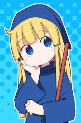 Rule 34 | 1girl, blonde hair, blue background, blue eyes, blue hat, blue robe, blush, blush stickers, broom, closed mouth, dokan (dkn), dot mouth, dot nose, dotted background, hat, long hair, madou monogatari, puyopuyo, robe, solo, very long hair, witch, witch (puyopuyo), witch hat