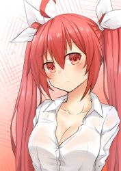 Rule 34 | 1girl, ahoge, alternate breast size, arm behind back, blush, breasts, cleavage, collarbone, date a live, dress shirt, hair between eyes, hair ribbon, head tilt, highres, itsuka kotori, long hair, looking at viewer, m kong, medium breasts, red eyes, red hair, ribbon, shirt, solo, twintails, upper body, very long hair, white ribbon, white shirt