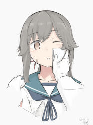 Rule 34 | 1girl, 1other, admiral (kancolle), blue sailor collar, brown eyes, bruise, bruise on face, character request, check character, gloves, grey hair, handkerchief, hikashima (shiofune), holding, holding handkerchief, injury, kantai collection, long hair, military uniform, one eye closed, parted lips, ponytail, sailor collar, school uniform, serafuku, shirt, sidelocks, solo, uniform, usugumo (kancolle), white gloves, white shirt