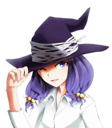 Rule 34 | 1girl, aged up, ayase yue, bell, fingernails, hair bell, hair ornament, hairclip, hat, hat tip, long fingernails, mahou sensei negima!, one eye closed, purple eyes, purple hair, scary v2, smile, upper body, wink, witch hat
