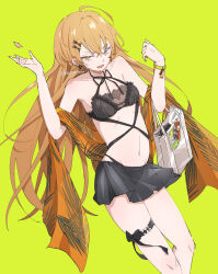 1girl bag bikini black_bikini brown_eyes brown_hair citron80citron collarbone commentary_request cross cross_earrings dutch_angle earrings elbow_carry feet_out_of_frame girls&#039;_frontline green_background hair_ornament hairpin handbag highres jewelry looking_at_viewer multiple_hairpins navel official_alternate_costume open_mouth ppk_(foliage_romance)_(girls&#039;_frontline) ppk_(girls&#039;_frontline) ribs sarong solo stomach swimsuit