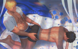 Rule 34 | 2boys, abs, arthur pendragon (fate), ass, bara, black hair, black male underwear, blonde hair, blue eyes, blue flower, blue male underwear, blue rose, bulge, bulge to ass, closed mouth, erection, erection under clothes, fate/grand order, fate (series), flower, fujimaru ritsuka (male), hood, hood down, hooded shirt, jewelry, large pectorals, looking at another, male focus, male underwear, multiple boys, muscular, muscular male, navel, necklace, open clothes, open shirt, paid reward available, pectorals, penguin frontier, rose, short hair, underwear, yaoi