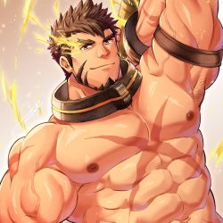 Rule 34 | 1boy, abs, alternate facial hair, armpits, bara, beard, biceps, brown hair, cuffs, facial hair, flaming eye, handcuffs, heracles (housamo), highres, large pectorals, loincloth, looking at viewer, male focus, mature male, muscular, muscular male, navel, nipples, pectorals, scar, scar on chest, short hair, smile, solo, stomach, tepen (tptptpn), thick eyebrows, tokyo houkago summoners, veins