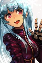 Rule 34 | 1girl, :d, blue hair, blunt bangs, gloves, grey background, hand up, hungry clicker, jacket, kula diamond, lips, long hair, long sleeves, open mouth, pink eyes, pink lips, purple jacket, smile, snk, snowflakes, solo, the king of fighters, upper body, waving