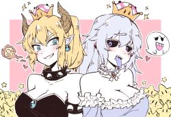 Rule 34 | 2girls, armlet, bare shoulders, black dress, blonde hair, blue eyes, blush, boo (mario), bowsette, breasts, cleavage, collar, crown, dress, earrings, grin, highres, horns, jewelry, korina (mrpuripurin), large breasts, long hair, looking at viewer, luigi&#039;s mansion, mario (series), multiple girls, new super mario bros. u deluxe, nintendo, pink background, pointy, pointy ears, princess king boo, purple eyes, silver hair, smile, smirk, sparkle, spiked armlet, spiked collar, spikes, strapless, strapless dress, super crown, tongue, tongue out, upper body, white background