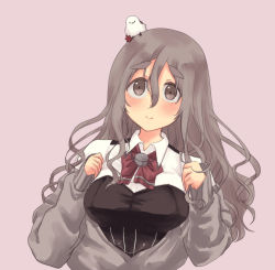 Rule 34 | 1girl, bodice, bow, bowtie, brown eyes, cardigan, corset, grey background, grey hair, grey sweater, highres, kantai collection, looking up, mizunototori, open cardigan, open clothes, pola (kancolle), shirt, simple background, solo, sweater, thick eyebrows, upper body, wavy hair, white shirt