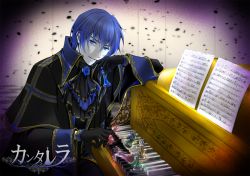 Rule 34 | 1boy, arm rest, ascot, bishop (chess), black gloves, blue eyes, blue flower, blue hair, blue rose, cantarella (vocaloid), capelet, chess piece, flower, frills, gloves, holding, instrument, itto maru, kaito (vocaloid), king (chess), knight (chess), long sleeves, looking at viewer, male focus, pale skin, petals, piano, project diva (series), queen (chess), rook (chess), rosa blue (module), rose, sheet music, sitting, sleeve cuffs, smirk, solo, staff (music), vocaloid