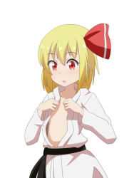 Rule 34 | 1girl, bathroom, belt, black belt, blonde hair, blush, cato (monocatienus), dougi, hair between eyes, hair ribbon, hands up, highres, long sleeves, looking down, open clothes, open mouth, red eyes, red ribbon, ribbon, rumia, short hair, simple background, solo, standing, touhou, white background, white sleeves