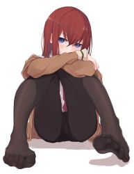 Rule 34 | 1girl, arms on knees, black pantyhose, black shorts, blue eyes, blush, breasts, brown jacket, commentary request, crossed arms, embarrassed, foreshortening, hair between eyes, highres, jacket, kahlua (artist), knees together feet apart, legs, pantyhose under shorts, long hair, looking at viewer, makise kurisu, necktie, no shoes, pantyhose, red necktie, shadow, shirt, shorts, sidelocks, simple background, sitting, solo, spread toes, steins;gate, sweatdrop, thighs, toes, white background, white shirt