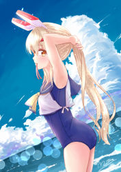 Rule 34 | 1girl, adapted costume, adjusting hair, alternate costume, armpits, arms behind head, ass, ayanami (azur lane), azur lane, bad id, bad pixiv id, beach, blue one-piece swimsuit, blue sky, blurry, cloud, cloudy sky, commentary request, depth of field, eyes visible through hair, from side, hair ornament, hair ribbon, hairclip, headgear, horizon, long hair, looking at viewer, looking to the side, m ko (maxft2), mouth hold, ocean, old school swimsuit, one-piece swimsuit, orange eyes, ponytail, retrofit (azur lane), ribbon, school swimsuit, school uniform, serafuku, sidelocks, signature, silver hair, sky, solo, swimsuit, swimsuit under clothes, thighs