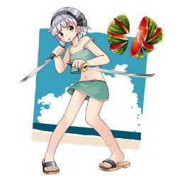 Rule 34 | 1girl, :o, aoi kujira, bare arms, bare legs, bare shoulders, beach, black hairband, blue sky, blunt bangs, camisole, cloud, collarbone, commentary request, crop top, day, dual wielding, food, fruit, full body, green camisole, green eyes, green skirt, hairband, holding, holding sword, holding weapon, konpaku youmu, midriff, navel, ocean, off shoulder, open mouth, sandals, short hair, silver hair, skirt, sky, solo, stomach, strap slip, striped, striped camisole, sword, toes, touhou, v-shaped eyebrows, watermelon, weapon