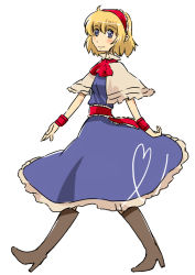 Rule 34 | 1girl, alice margatroid, bad id, bad pixiv id, blonde hair, blue eyes, bow, capelet, dress, female focus, full body, hairband, high heels, non (z-art), shoes, short hair, simple background, smile, solo, touhou, walking, wristband