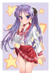 Rule 34 | 1girl, absurdres, arm at side, bickle (bickle1983), black ribbon, border, closed mouth, collarbone, commentary, hair ribbon, hand up, highres, hiiragi kagami, index finger raised, long hair, long sleeves, looking at viewer, lucky star, midriff peek, miniskirt, neckerchief, outline, outside border, pink neckerchief, pleated skirt, purple background, purple eyes, purple hair, red sailor collar, red skirt, revision, ribbon, ryouou school uniform, sailor collar, school uniform, serafuku, shirt, skirt, solo, standing, star (symbol), starry background, twintails, very long hair, white border, white outline, white shirt