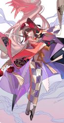 Rule 34 | 15776199, 1girl, absurdres, ahoge, animal ears, black gloves, breasts, brown hair, checkered clothes, checkered kimono, dog ears, fate/grand order, fate (series), flower, full body, gloves, gradient hair, grey kimono, hair flower, hair ornament, hair ribbon, highres, holding, holding sword, holding weapon, japanese clothes, katana, kimono, kyokutei bakin (fate), kyokutei bakin (second ascension) (fate), light smile, long hair, looking at viewer, multicolored clothes, multicolored hair, multicolored kimono, ponytail, red eyes, ribbon, smile, solo, striped clothes, striped kimono, sword, very long hair, weapon