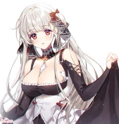 Rule 34 | 1girl, artist name, azur lane, berrypop, between breasts, black dress, black ribbon, breasts, cleavage, dress, formidable (azur lane), hair ribbon, large breasts, looking at viewer, ribbon, simple background, solo, twintails, two-tone dress, two-tone ribbon, white background, white dress, white hair, white ribbon