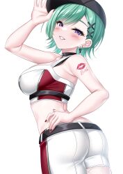 Rule 34 | 1girl, arm up, armpit crease, ass, bare arms, bare shoulders, baseball cap, belt, black choker, black hat, breasts, choker, cowboy shot, crop top, ear piercing, earrings, green hair, grin, hand on own hip, hat, highres, hisame shiki, jewelry, large breasts, looking at viewer, midriff, piercing, purple eyes, shirt, short hair, short shorts, shorts, shoulder tattoo, simple background, sleeveless, sleeveless shirt, smile, solo, standing, tattoo, virtual youtuber, vspo!, white background, white shirt, white shorts, yakumo beni
