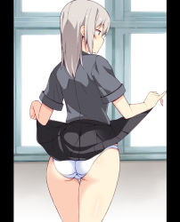 Rule 34 | 10s, 1girl, ass, black skirt, blue eyes, closed mouth, clothes lift, cowboy shot, crotch seam, day, dress shirt, from behind, girls und panzer, grey shirt, highres, indoors, itsumi erika, kuromorimine school uniform, lifted by self, long sleeves, miniskirt, nakamura yukitoshi, panties, pinky out, pleated skirt, school uniform, shirt, short hair, silver hair, skirt, skirt lift, solo, standing, thigh gap, trefoil, underwear, white panties, window