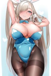 Rule 34 | 1girl, animal ears, armpits, arms behind head, arms up, asuna (blue archive), asuna (bunny) (blue archive), bare shoulders, blue archive, blue eyes, blue leotard, blue ribbon, blush, breasts, brown pantyhose, cleavage, covered navel, detached collar, elbow gloves, fake animal ears, gloves, grin, hair over one eye, hair ribbon, highleg, highleg leotard, highres, keishi surota, large breasts, leotard, light brown hair, long hair, looking at viewer, mole, mole on breast, pantyhose, playboy bunny, rabbit ears, ribbon, smile, solo, thighband pantyhose, thighs, very long hair, white gloves