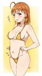 Rule 34 | 1girl, ahoge, bikini, bikini bottom only, blush, bow, braid, breasts, collarbone, commentary request, covered erect nipples, cowboy shot, embarrassed, hair bow, holding, holding bikini, holding bikini bottom, holding clothes, holding swimsuit, looking at viewer, love live!, love live! sunshine!!, medium breasts, medium hair, navel, notice lines, open mouth, orange hair, red eyes, side-tie bikini bottom, side braid, solo, swimsuit, takami chika, turkey min, untied bikini, yellow background, yellow bikini, yellow bow