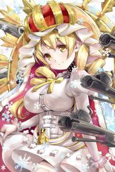 Rule 34 | 1girl, arms at sides, belt, blonde hair, breasts, cape, closed mouth, corset, crown, dot nose, drill hair, eyelashes, frills, fur-trimmed cape, fur trim, glint, gun, happy, highres, holy mami, impossible clothes, kntrs (knyrs), large breasts, layered sleeves, light smile, long sleeves, looking at viewer, magia record: mahou shoujo madoka magica gaiden, magical musket, mahou shoujo madoka magica, neck ribbon, red cape, ribbon, rifle, short over long sleeves, short sleeves, skirt, skirt hold, snowflakes, solo, striped clothes, striped thighhighs, thighhighs, tomoe mami, tsurime, turtleneck, twin drills, upper body, vertical-striped clothes, vertical-striped thighhighs, weapon, white belt, white skirt, white theme, yellow eyes, yellow ribbon, yellow theme