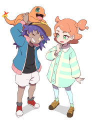 Rule 34 | 1boy, 1girl, :d, aged down, black shirt, blue jacket, brown footwear, buttons, charmander, coat, commentary request, creatures (company), dark-skinned male, dark skin, dede (qwea 00000), eyelashes, flame-tipped tail, game freak, gen 1 pokemon, green coat, green eyes, grin, hand up, hat, highres, jacket, korean commentary, leon (pokemon), long sleeves, nintendo, on head, one eye closed, open clothes, open jacket, open mouth, orange hair, pants, pokemon, pokemon (anime), pokemon (creature), pokemon journeys, pokemon on head, pokemon swsh043, red footwear, shirt, shoes, shorts, smile, sonia (pokemon), standing, striped, striped coat, white shorts, yellow headwear